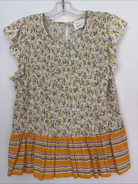 Lost + Wander Floral Short Cap Sleeve Peplum Top with Yellow Stripe Hem L